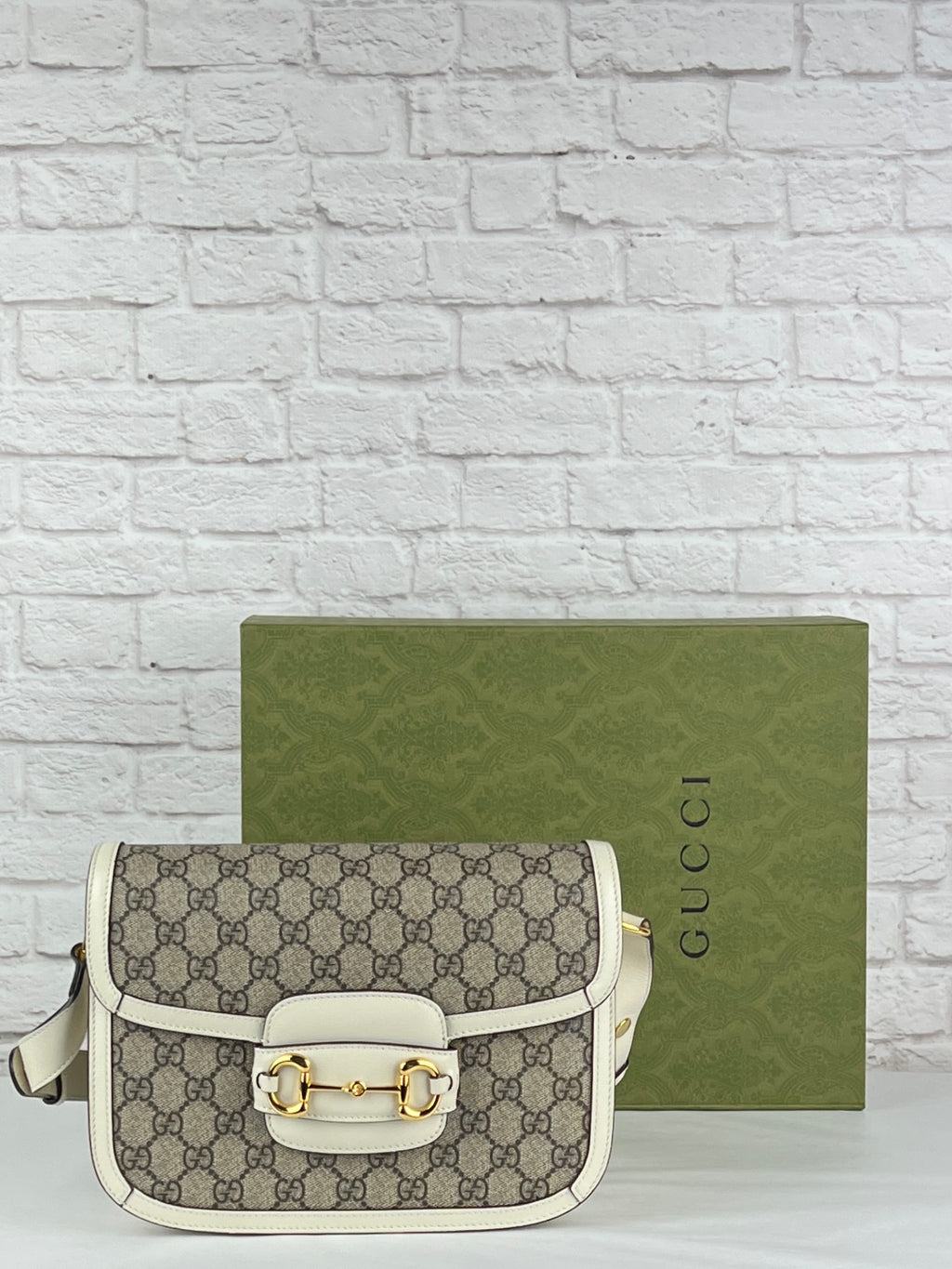 GUCCI  Horsebit 1955 GG-Canvas And Leather Cross-Body Bag - Beige White