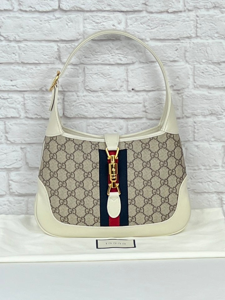 Gucci Jackie Web-trimmed Coated Canvas & Leather Shoulder Bag, New, Mystic White