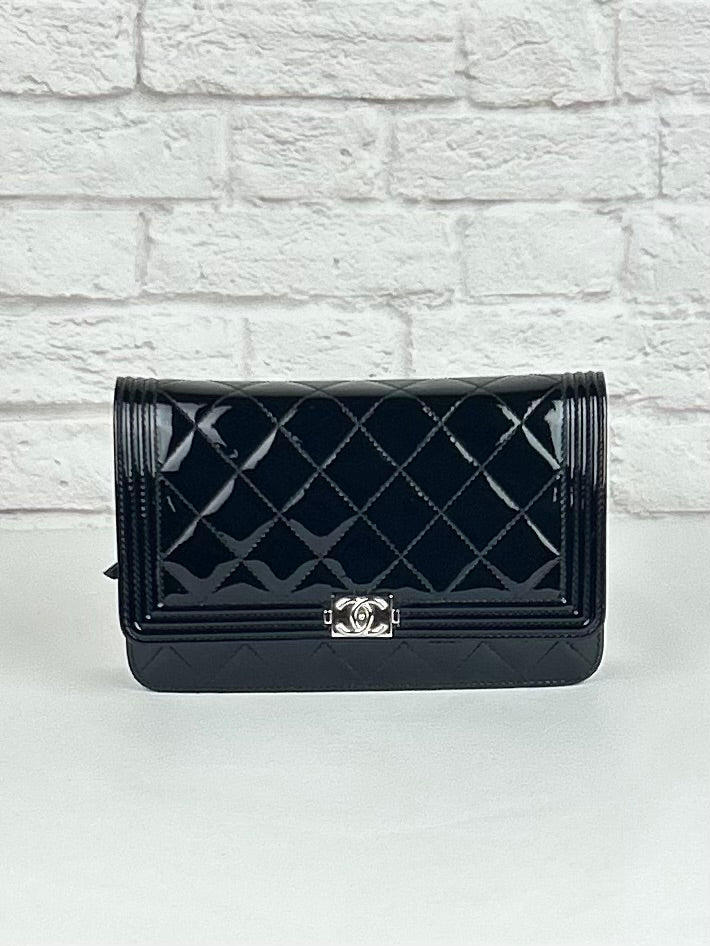 Chanel Boy Wallet on Chain in Black Patent Leather