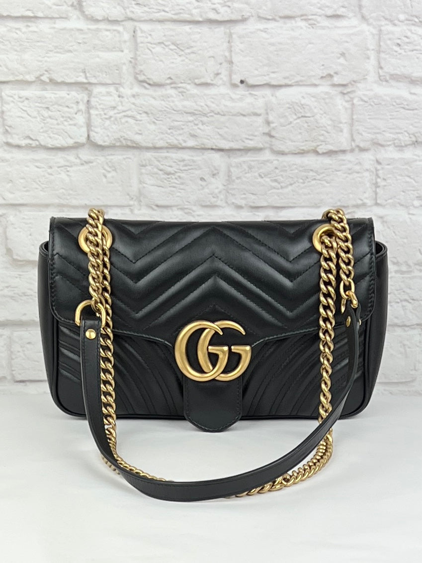 Gucci  Marmont Matelesse Flap Bag, Black/Antique Gold