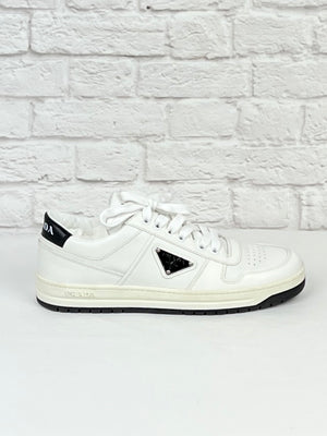 Prada Downtown Perforated Leather Sneakers, Size 37, White