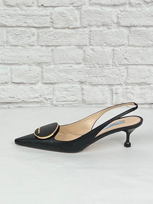 Prada Pointed Slingback Round Orbit Logo, Black