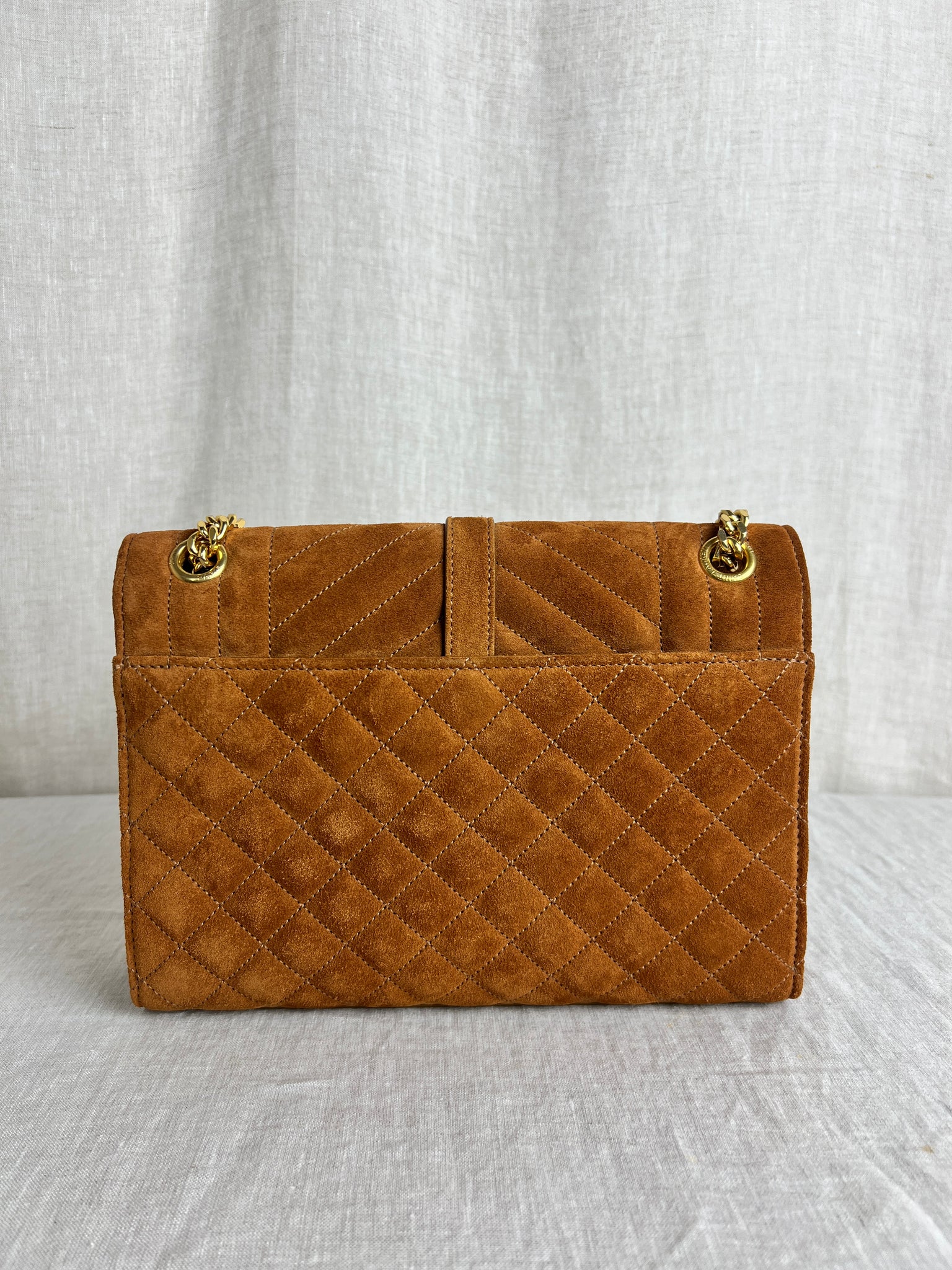 Saint Laurent Tri-Quilt Chain Shoulder Bag in Brown Suede with Gold Hardware