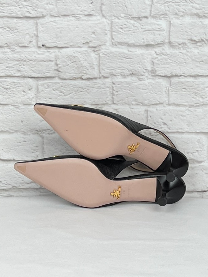 Prada Pointed Slingback Round Orbit Logo, Black