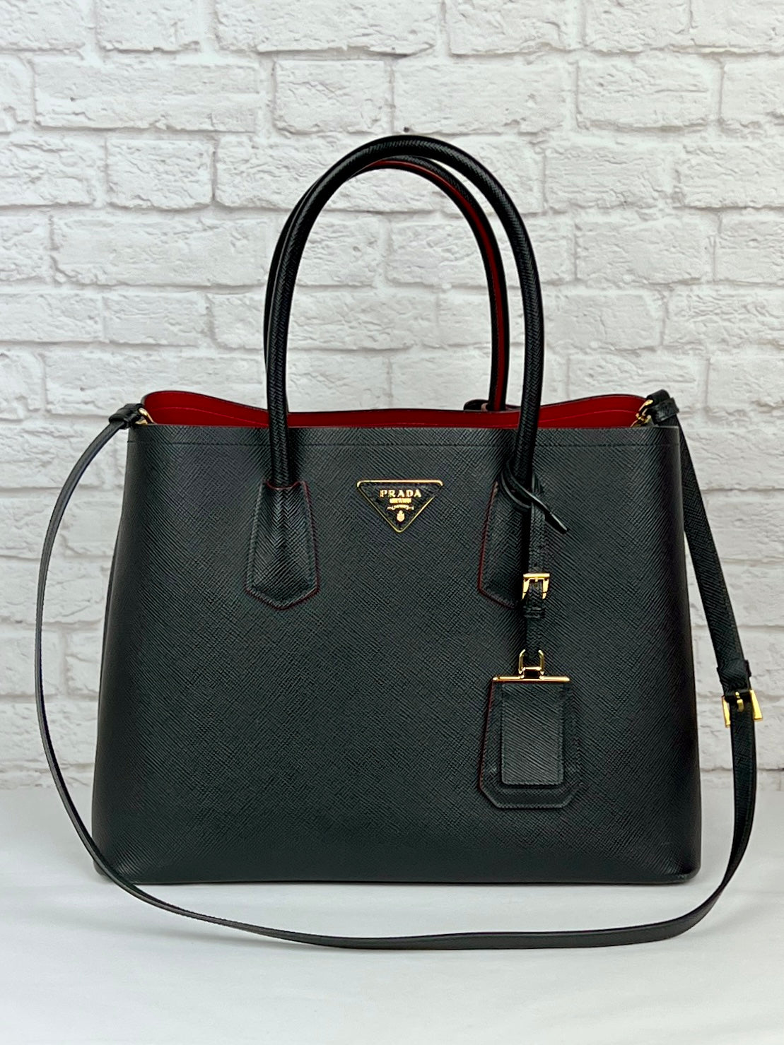 Prada Medium Saffiano Leather Double Bag, Black/Fiery Red