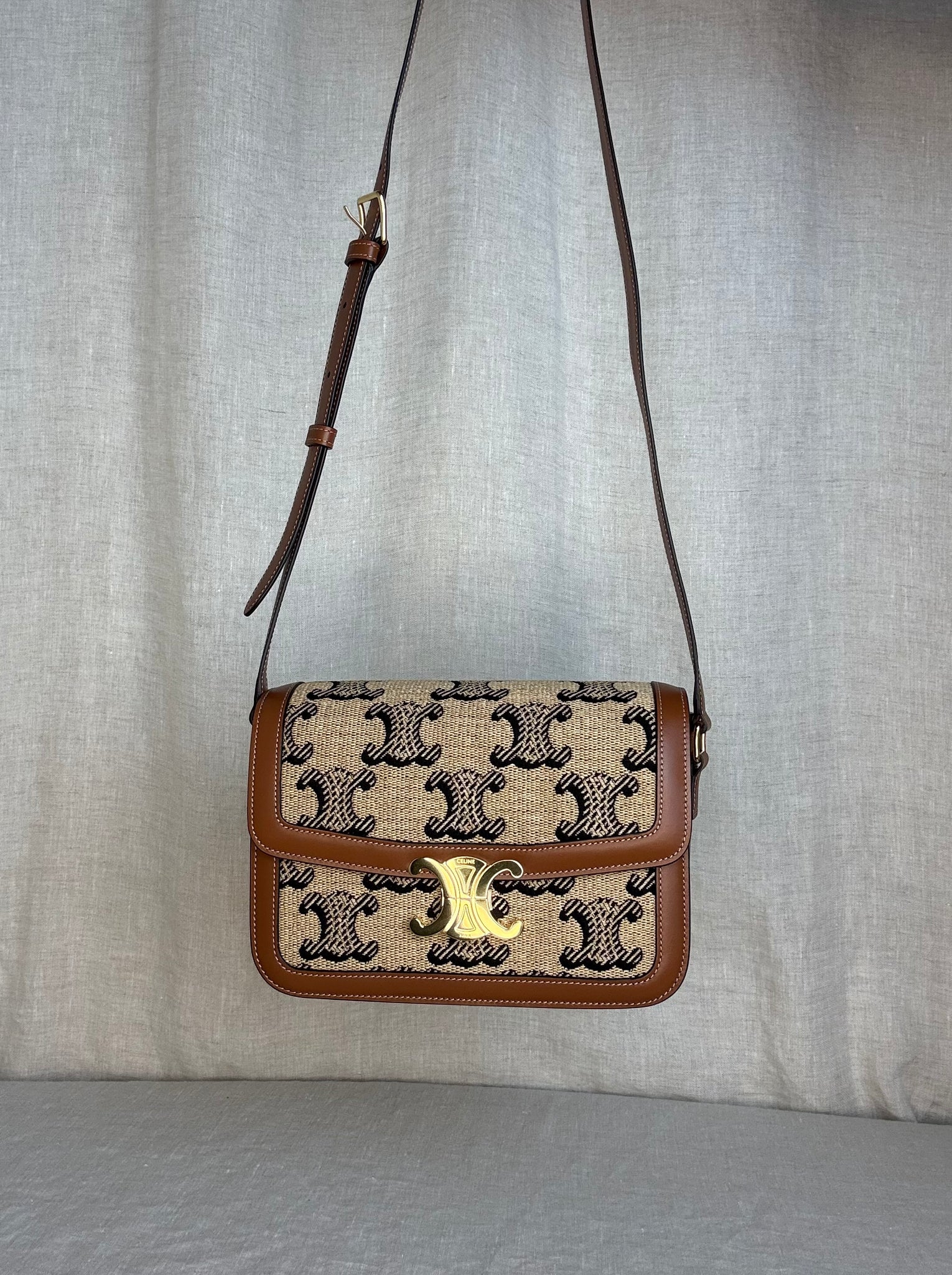 Celine Triomphe Crossbody Bag Monogram Canvas with Tan Calfskin Leather Trim