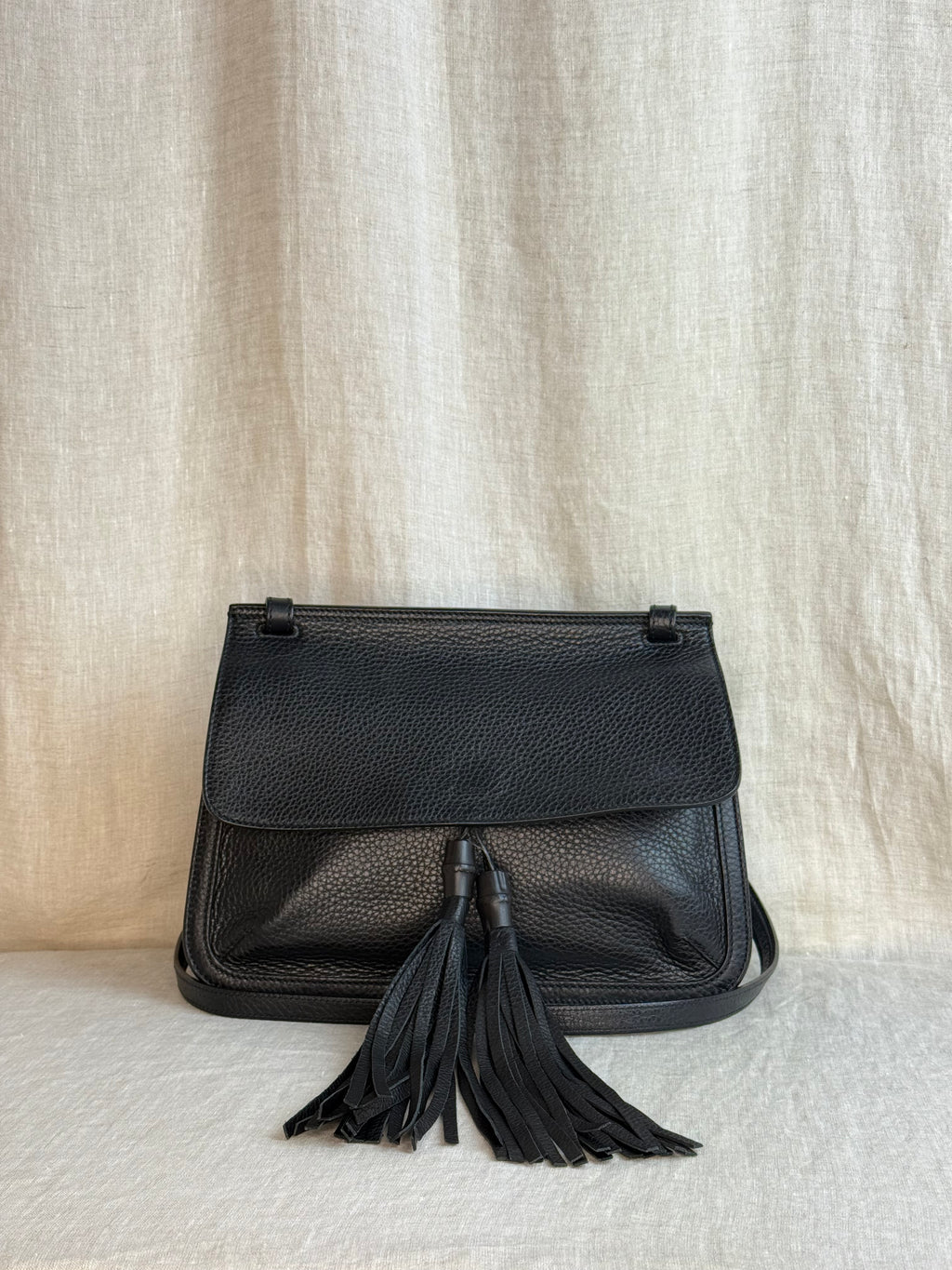 Gucci Pebbled Calfskin Medium Bamboo Flap Shoulder Bag