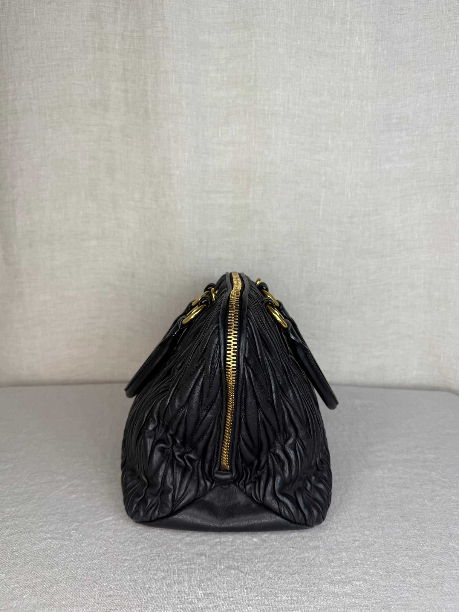 Miu Miu Matelassé Bauletto Medium Top Handle Bag in Lambskin Leather with Gold Hardware