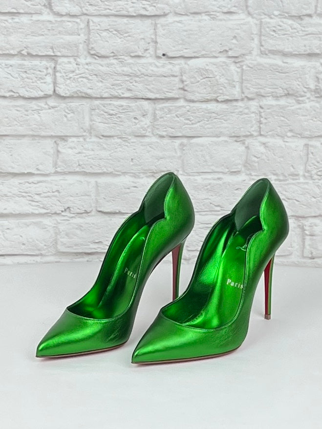 Christian Louboutin Hot Chick 100 Metallic Leather Pumps, Size 36.5 , Green