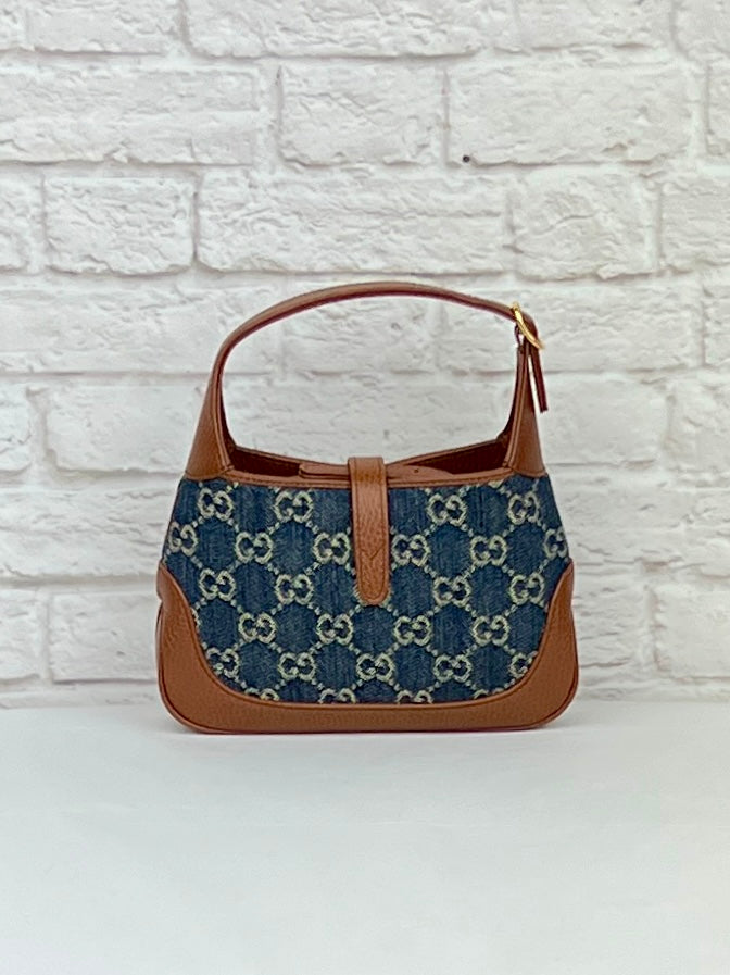 Gucci  New Denim GG Monogram Calfskin Mini Jackie 1961 Hobo,  Blue/Tea Cuir