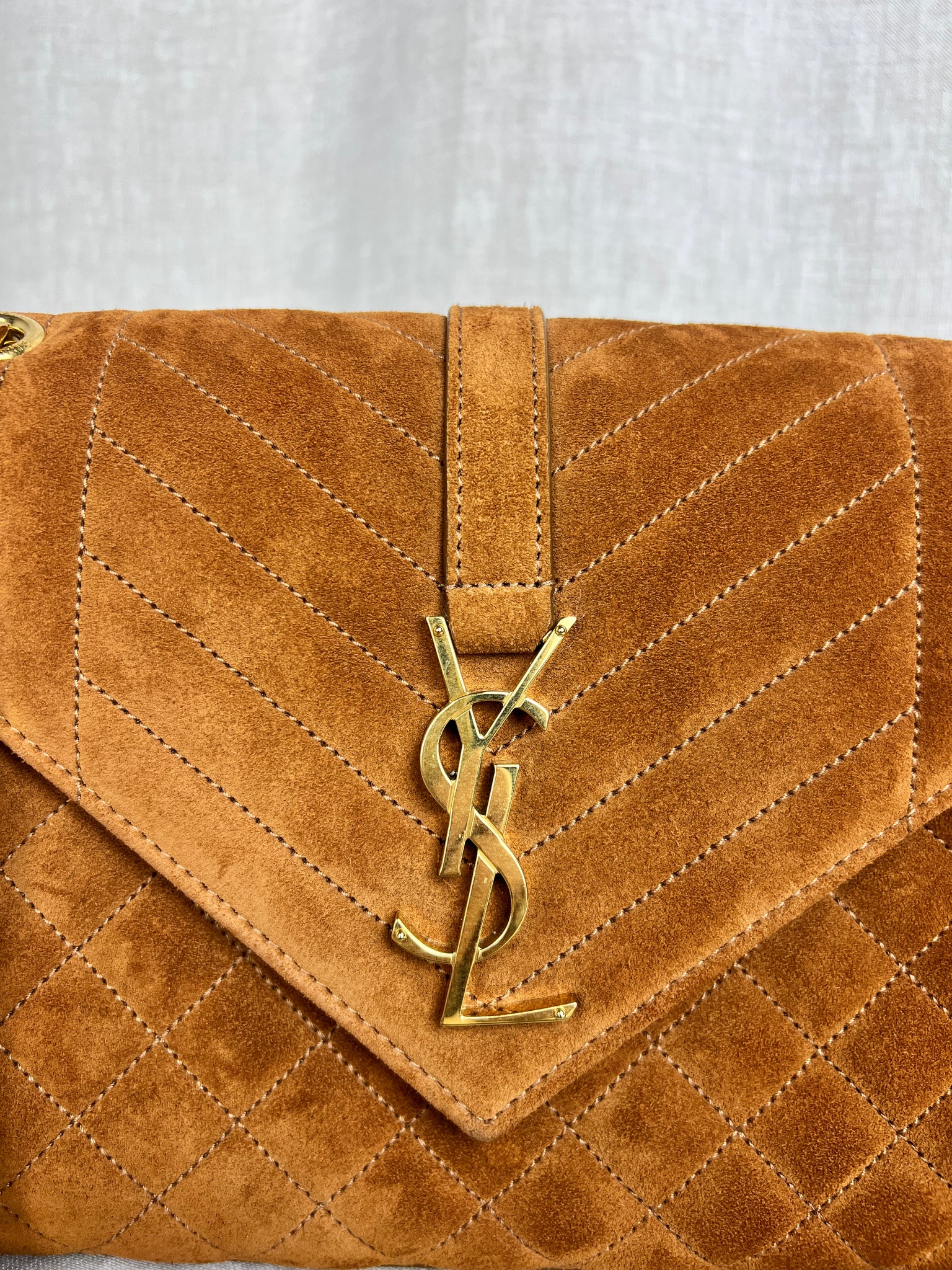 Saint Laurent Tri-Quilt Chain Shoulder Bag in Brown Suede with Gold Hardware
