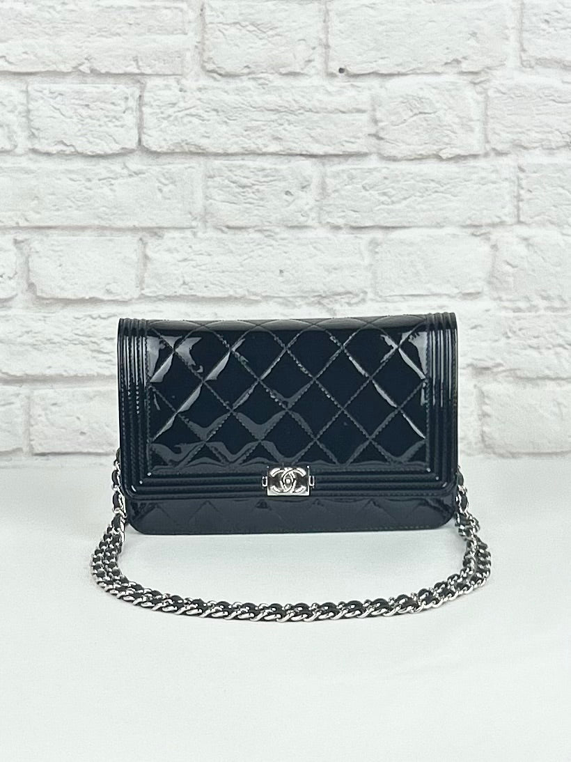 Chanel Boy Wallet on Chain in Black Patent Leather