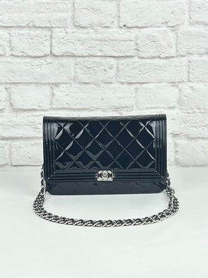 Chanel Boy Wallet on Chain in Black Patent Leather