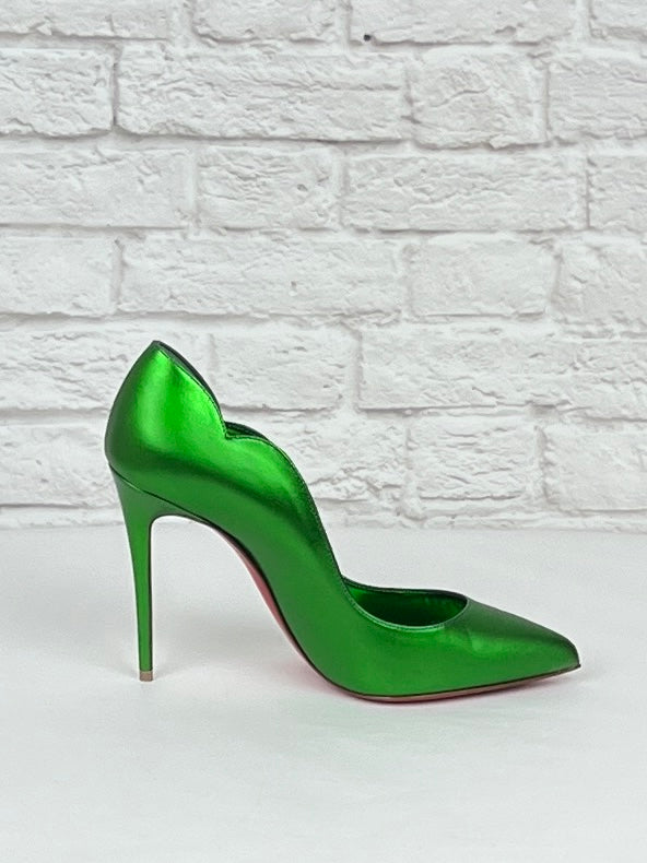 Christian Louboutin Hot Chick 100 Metallic Leather Pumps, Size 36.5 , Green