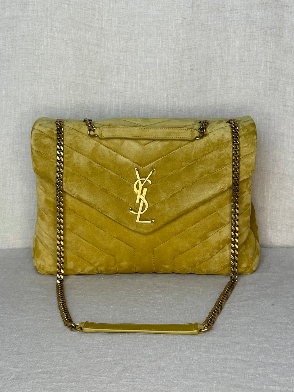 YSL Large LouLou in Chartreuse Suede