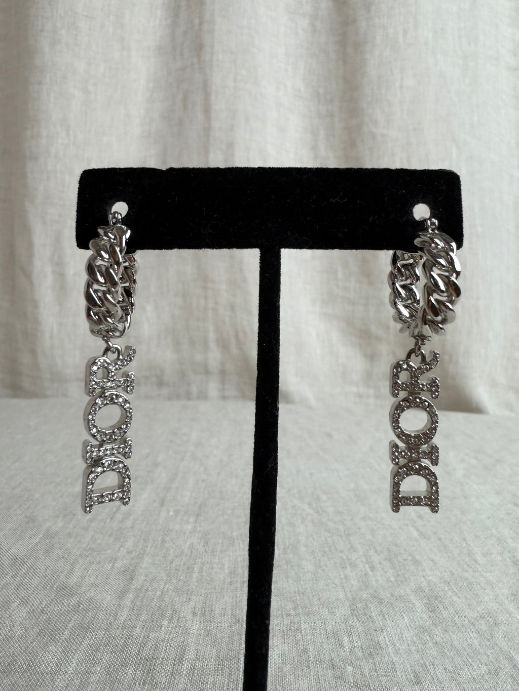 Dior Silver Crystal Logo and Chain Earrings