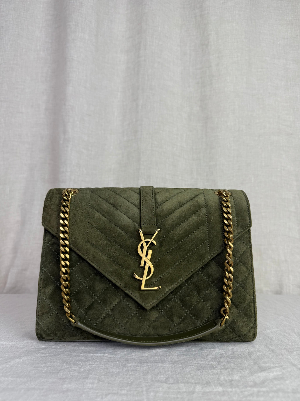 YSL Tri-Quilt Envelope Medium Army Green Suede Bag
