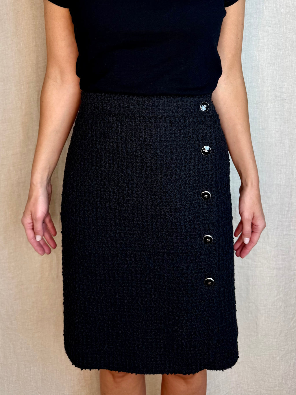 Chanel 2025 Black Cotton Tweed Skirt w/ Buttons