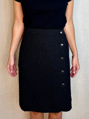 Chanel 2025 Black Cotton Tweed Skirt w/ Buttons