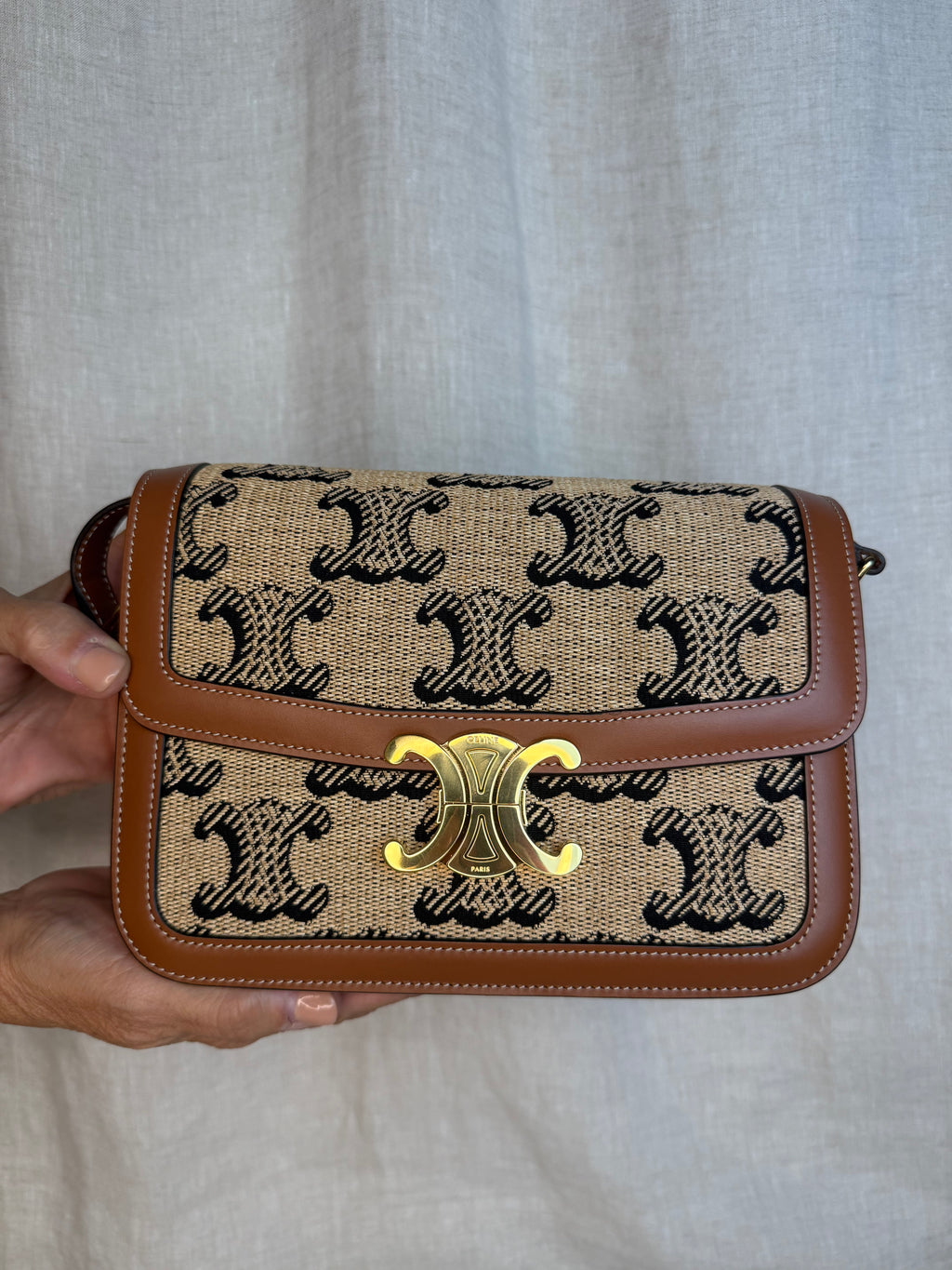 Celine Triomphe Crossbody Bag Monogram Canvas with Tan Calfskin Leather Trim