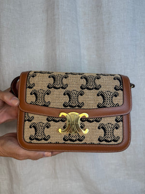 Celine Triomphe Crossbody Bag Monogram Canvas with Tan Calfskin Leather Trim