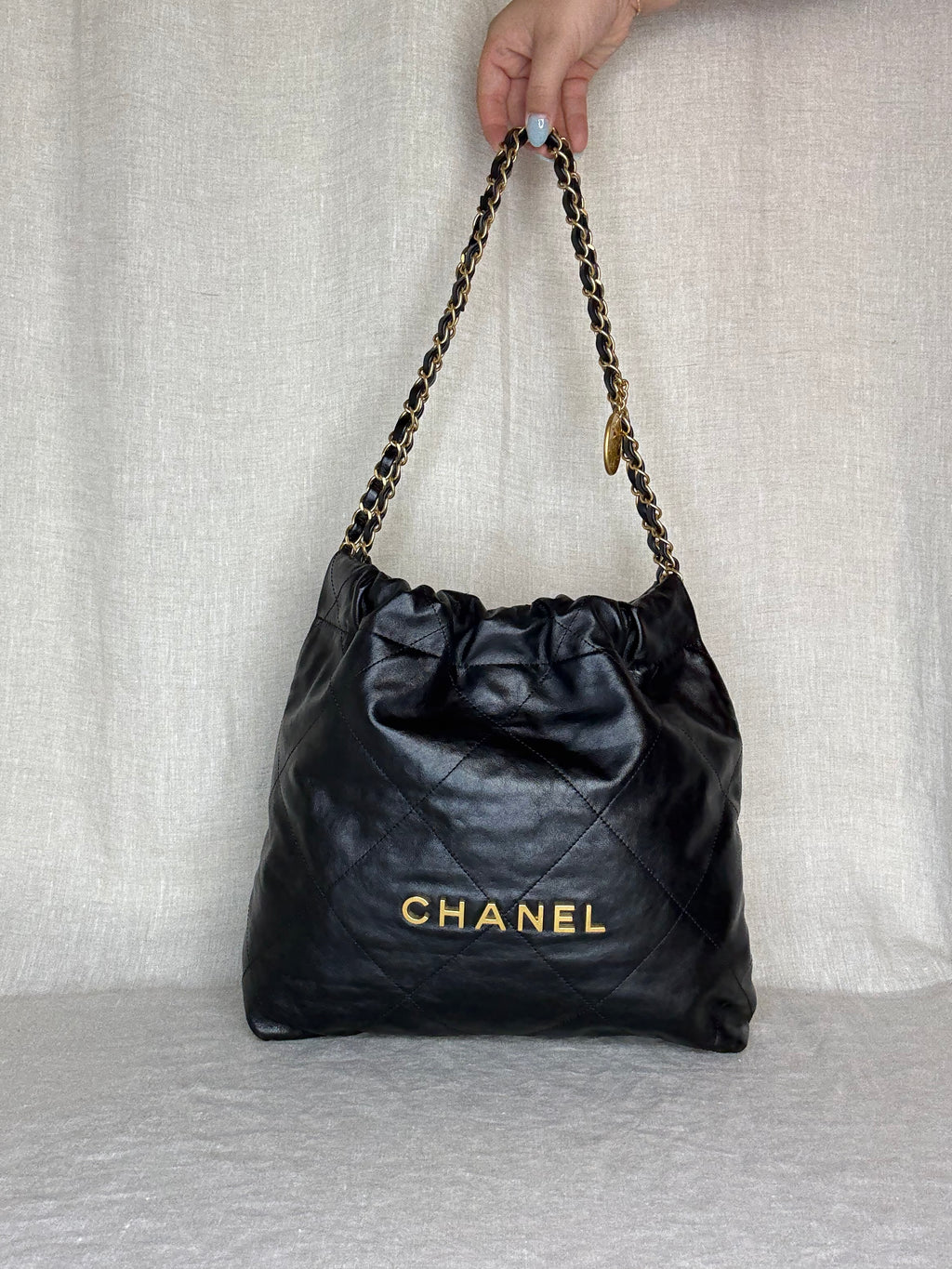 Chanel 22 Bag Small Black Calfskin Leather Gold Hardware