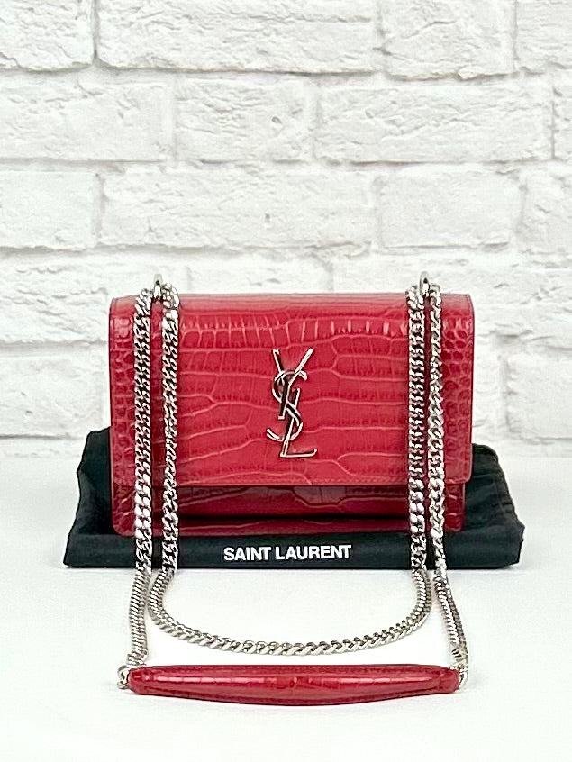 Saint Laurent Sunset WOC Croc-Embossed, Red/Silver