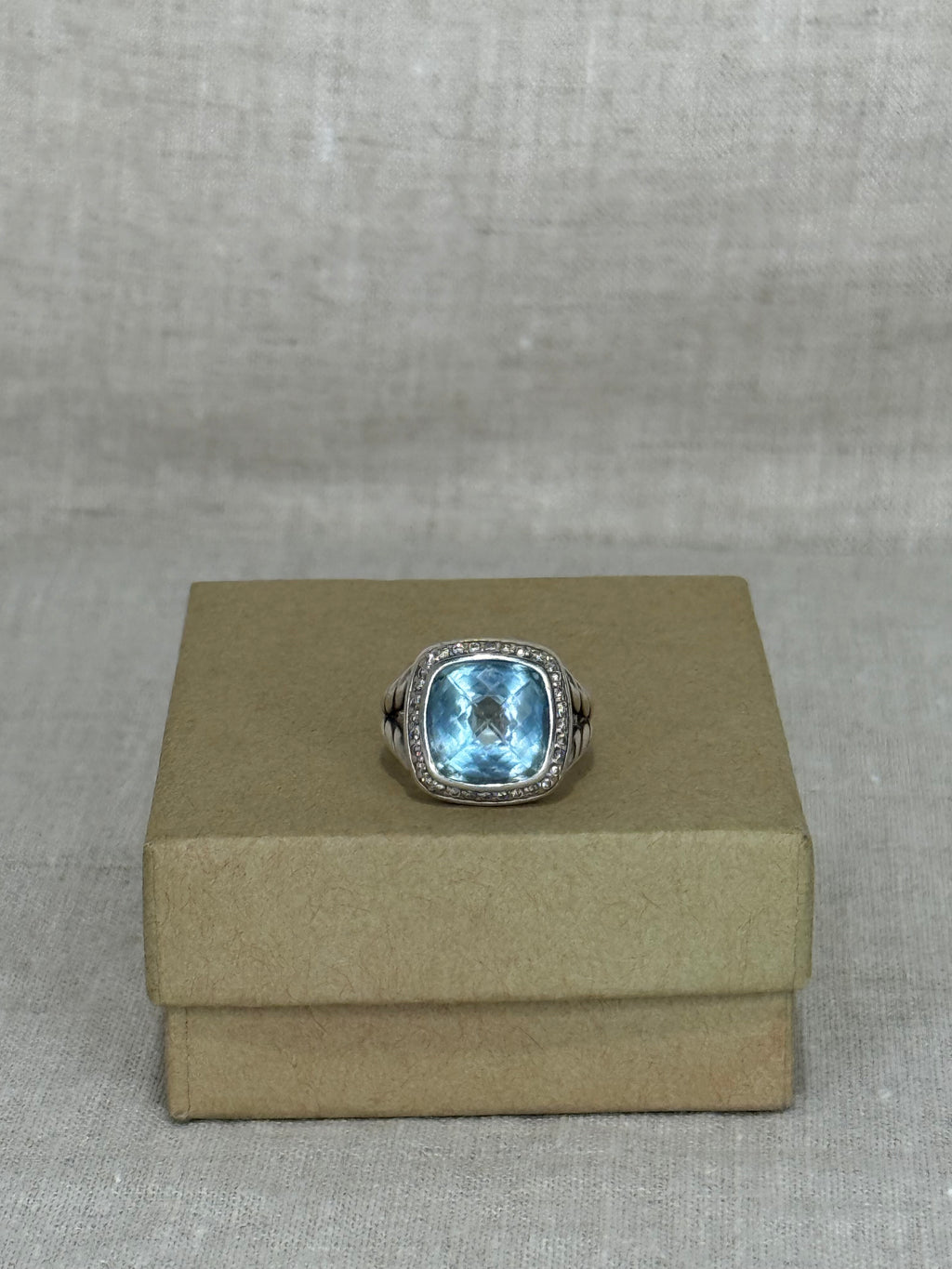David Yurman Diamond and Light Blue Topaz Albion Ring Size 5