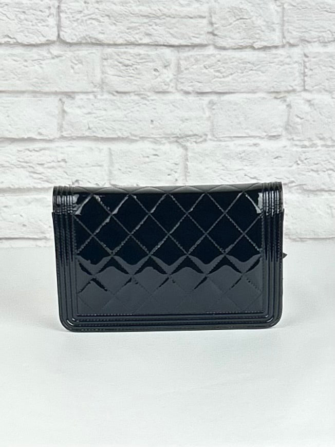 Chanel Boy Wallet on Chain in Black Patent Leather