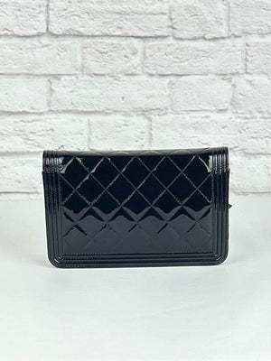 Chanel Boy Wallet on Chain in Black Patent Leather