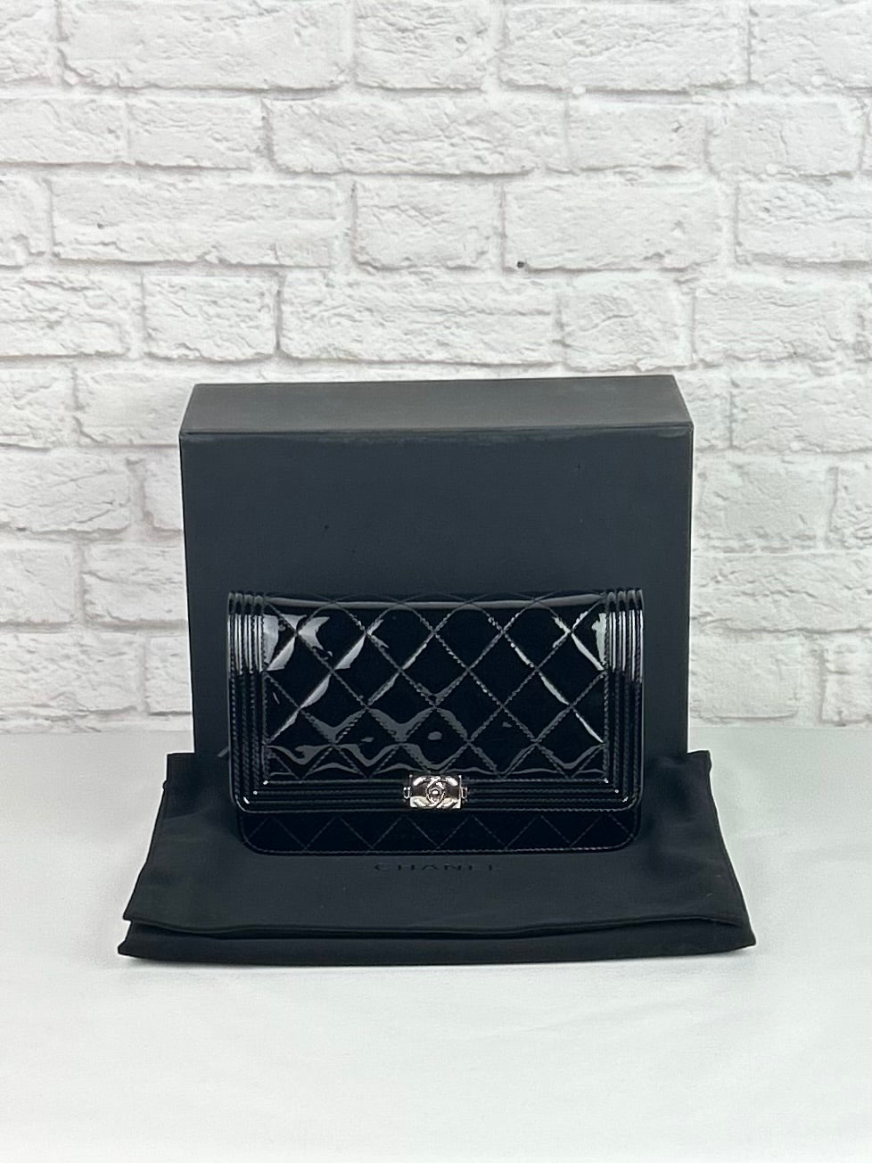 Chanel Boy Wallet on Chain in Black Patent Leather