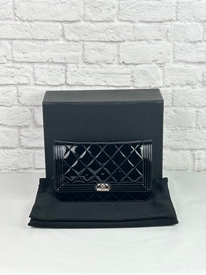 Chanel Boy Wallet on Chain in Black Patent Leather