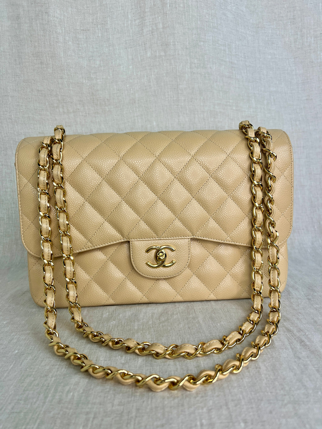 Chanel Classic Beige Jumbo in Caviar Leather with Gold Hardware