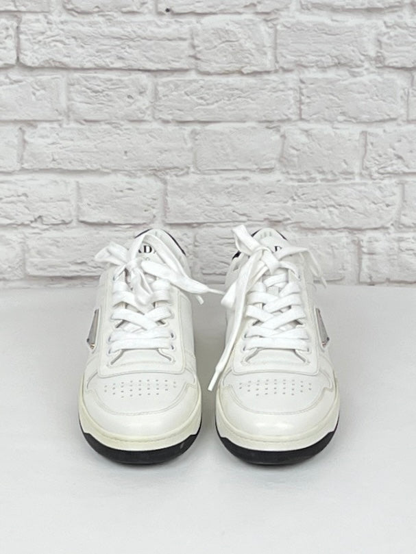 Prada Downtown Perforated Leather Sneakers, Size 37, White