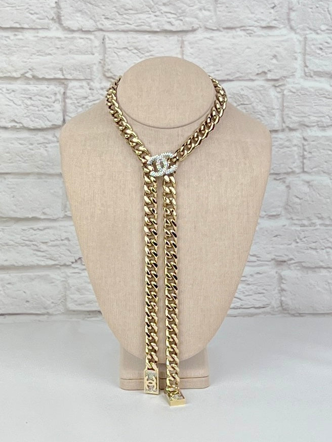 Chanel Chain Link Strass Crystal CC Dog Tag Charm Necklace, Gold Tone