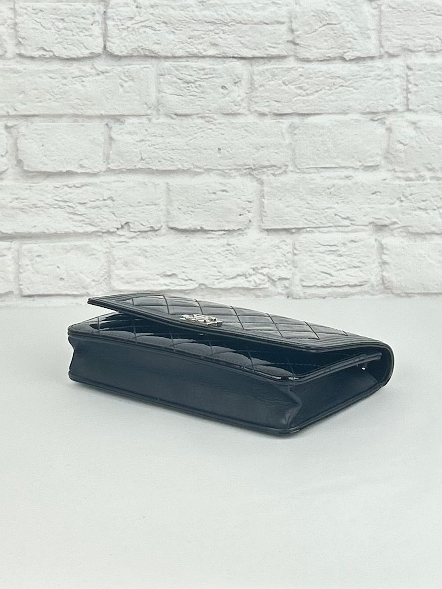 Chanel Boy Wallet on Chain in Black Patent Leather