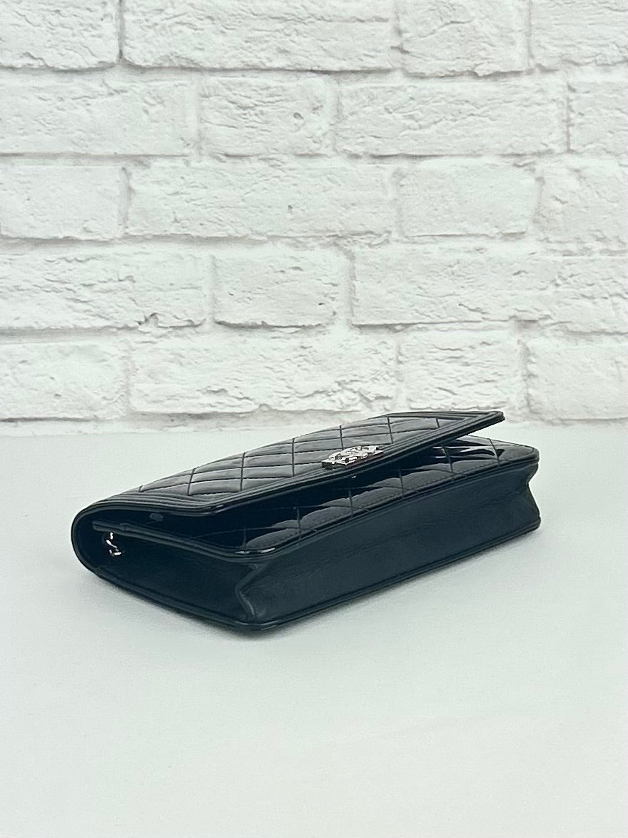 Chanel Boy Wallet on Chain in Black Patent Leather