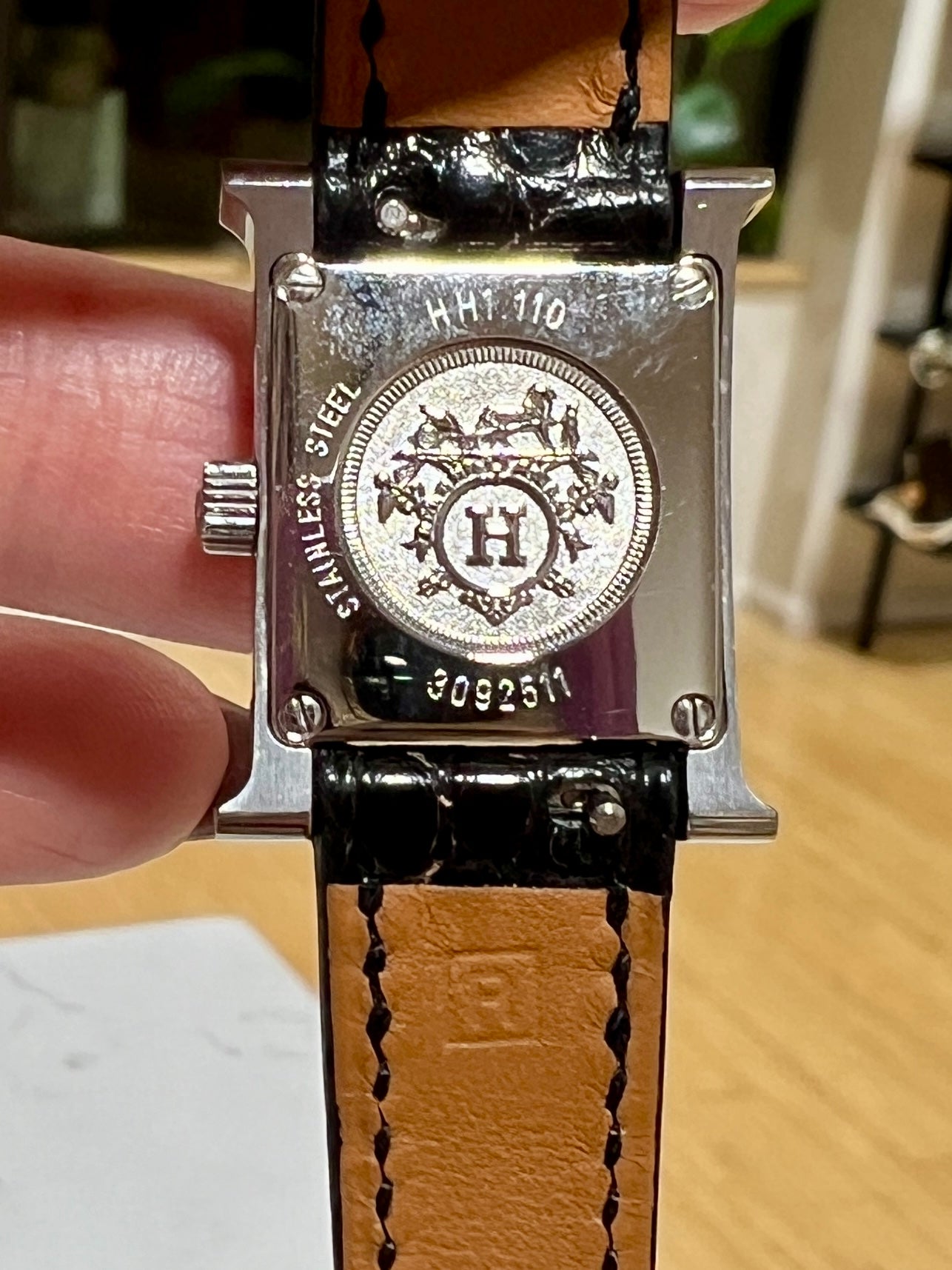 Hermes Heure H Stainless Steel Watch, Mother of Pearl Face W/ Diamonds, 17.2 mm Alligator Strap, Black