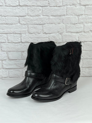 Prada Leather Moto Boots W/ Fur, Size 39, New