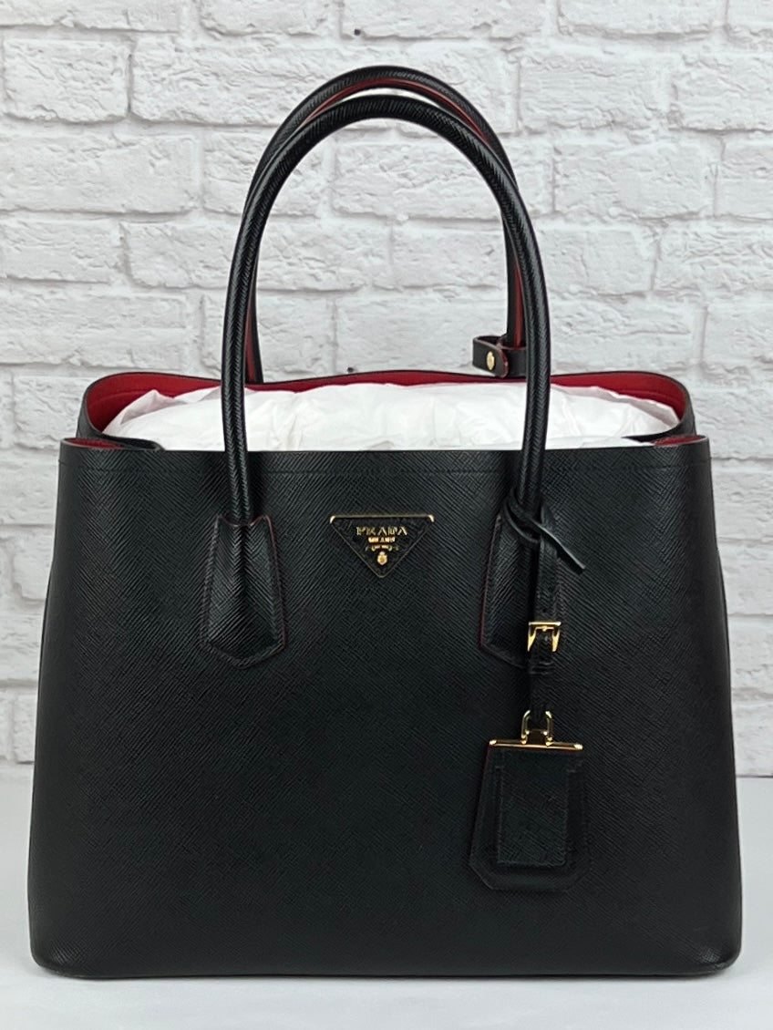 Prada Medium Saffiano Leather Double Bag, Black/Fiery Red