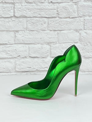 Christian Louboutin Hot Chick 100 Metallic Leather Pumps, Size 36.5 , Green