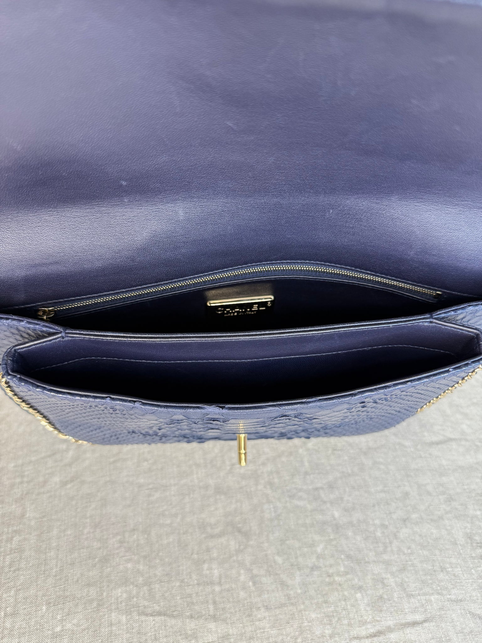 Chanel Navy Python Unchained Clutch