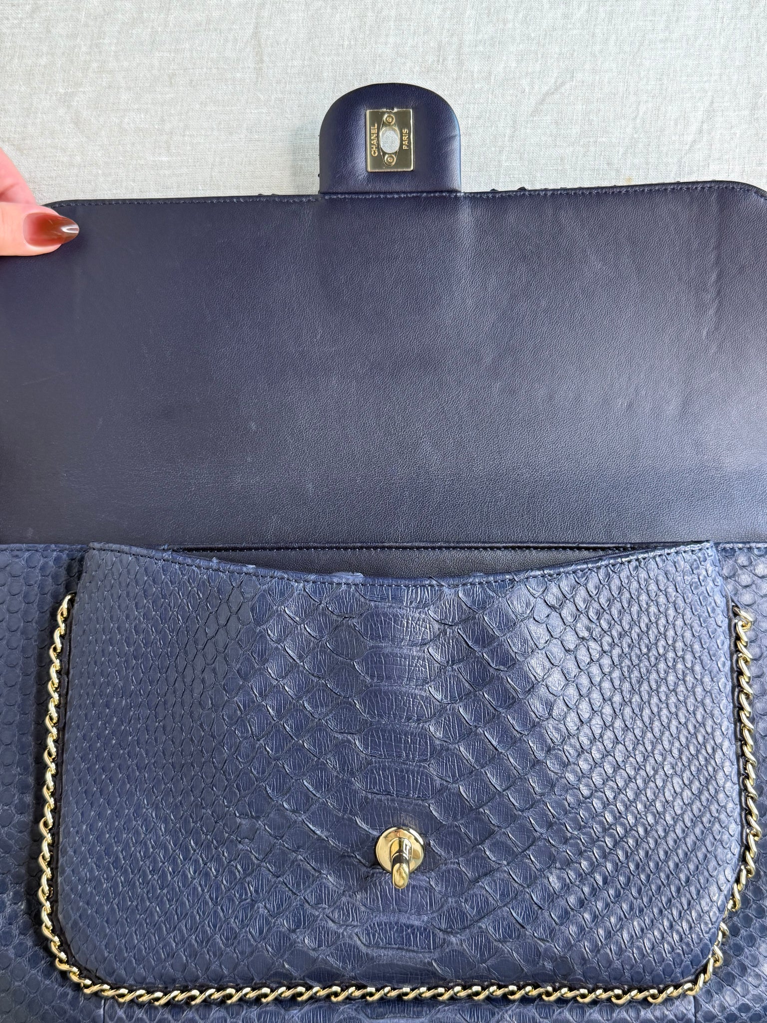 Chanel Navy Python Unchained Clutch