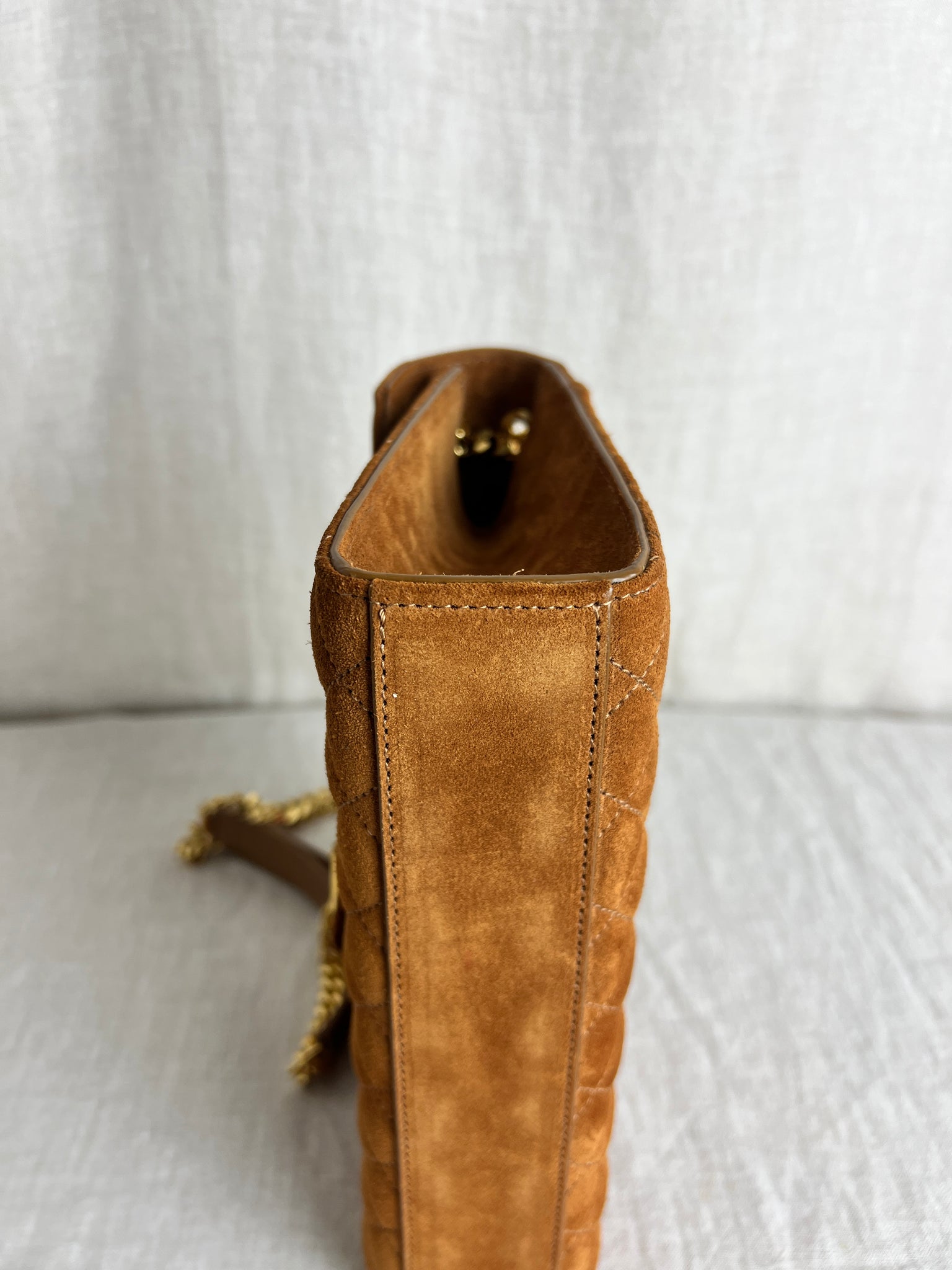 Saint Laurent Tri-Quilt Chain Shoulder Bag in Brown Suede with Gold Hardware