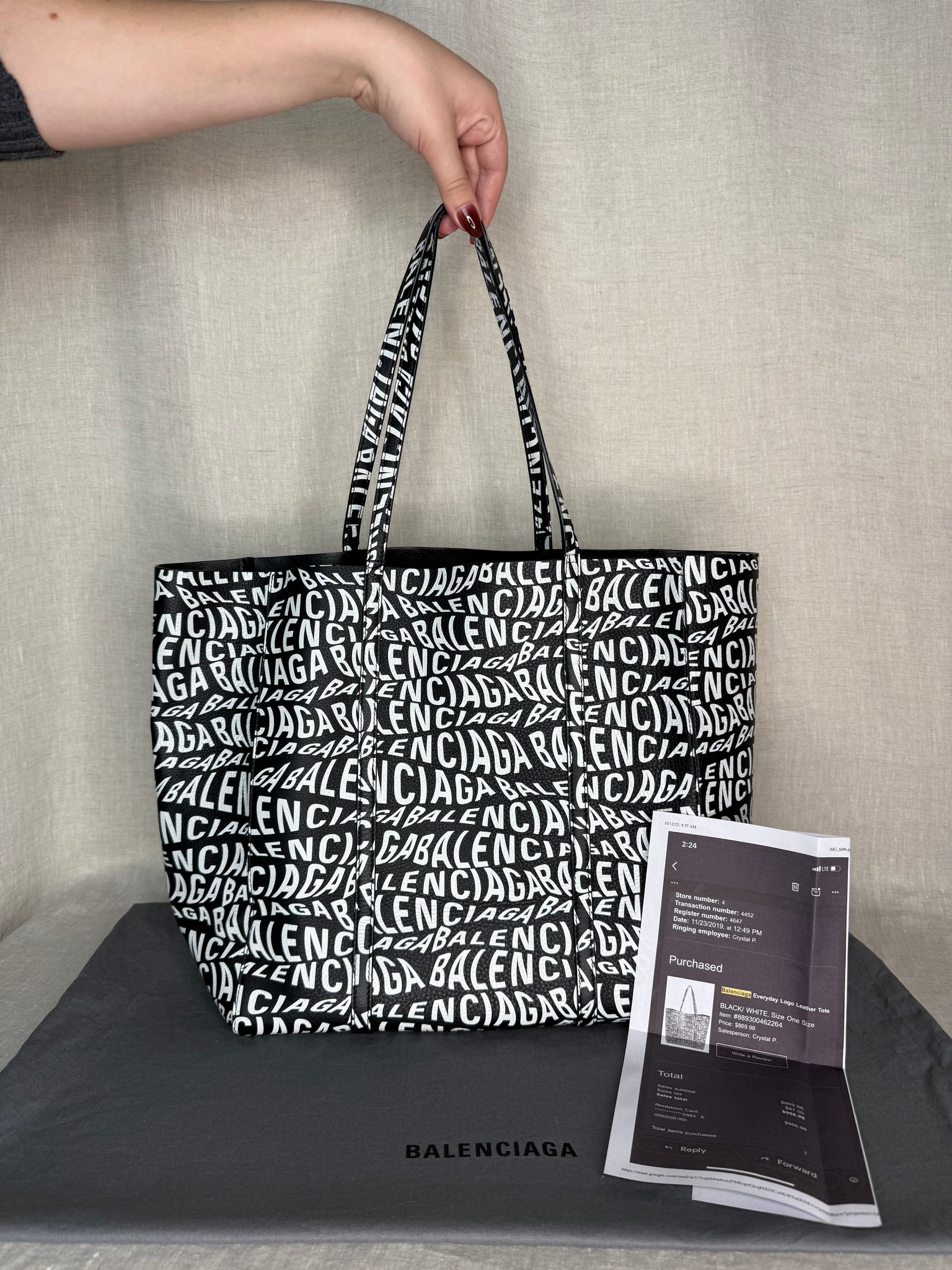 Balenciaga All Over Logo Black Leather Tote Bag