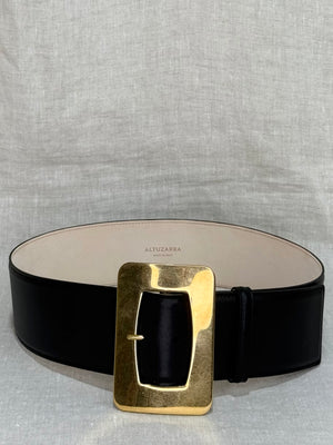 Altuzarra Medium Black Leather Big Gold Buckle Belt
