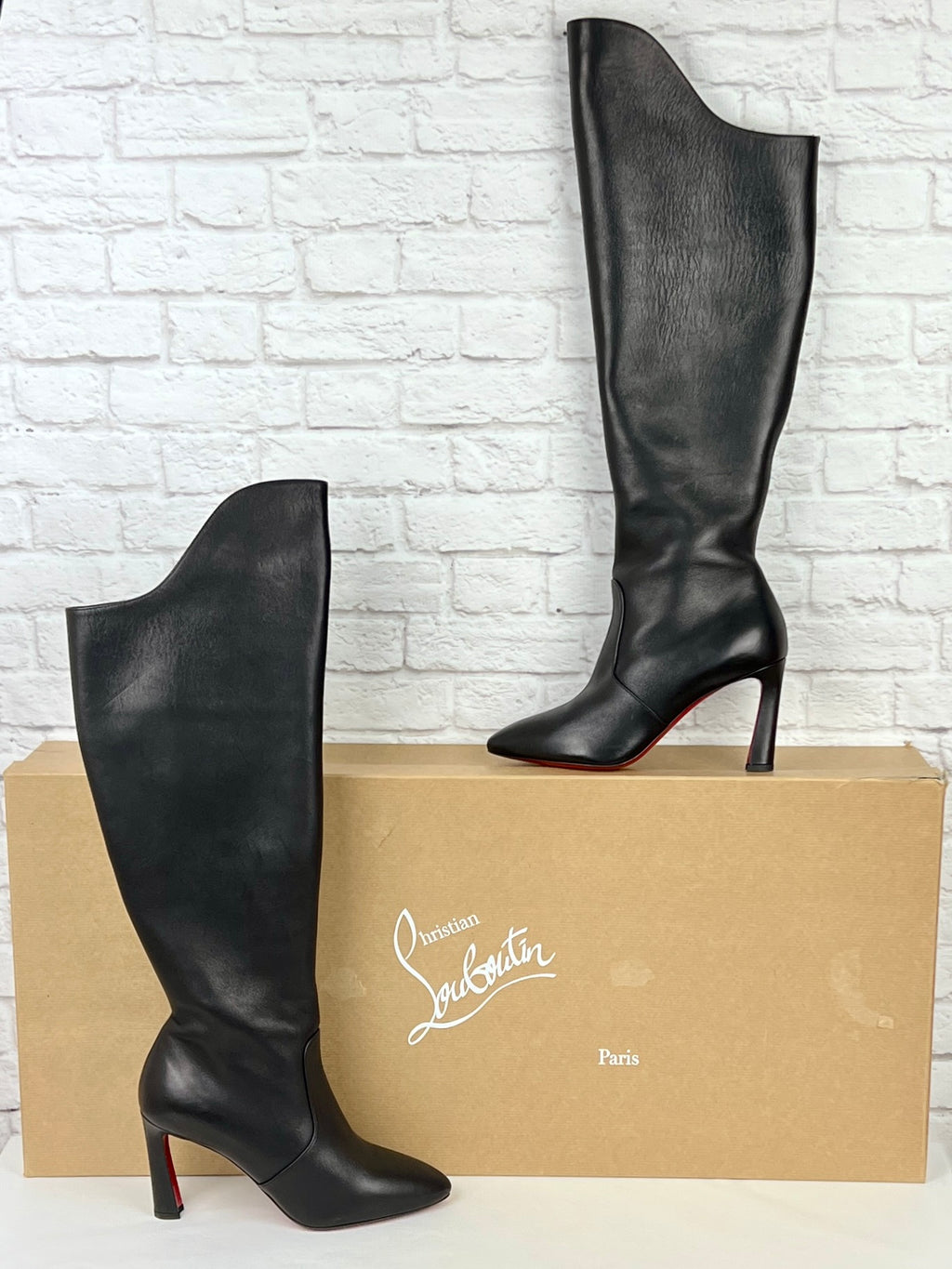 Christian Louboutin Eleonor Botta 85 leather knee-high boots, New, Size 37.5, Black