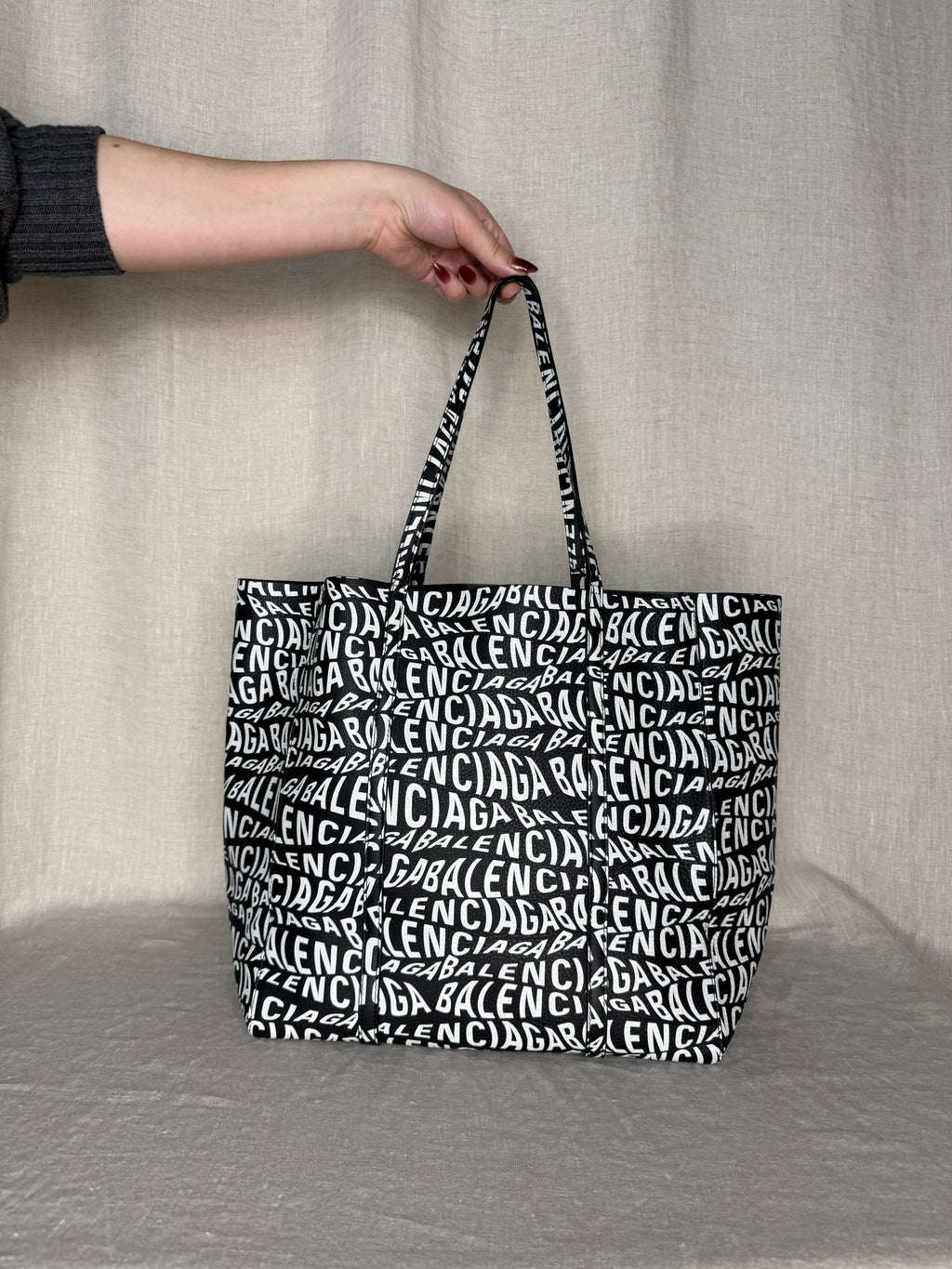 Balenciaga All Over Logo Black Leather Tote Bag