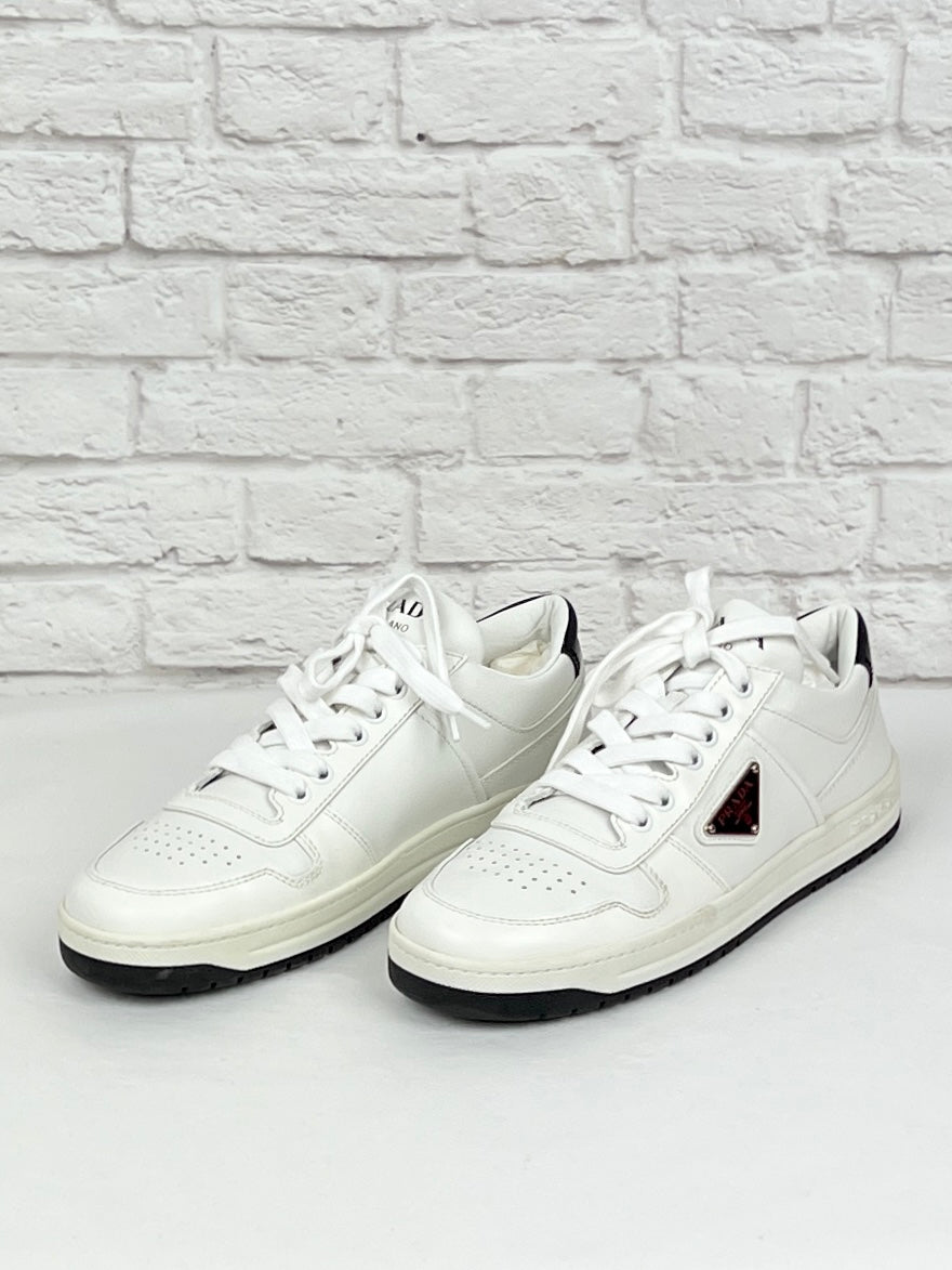 Prada Downtown Perforated Leather Sneakers, Size 37, White