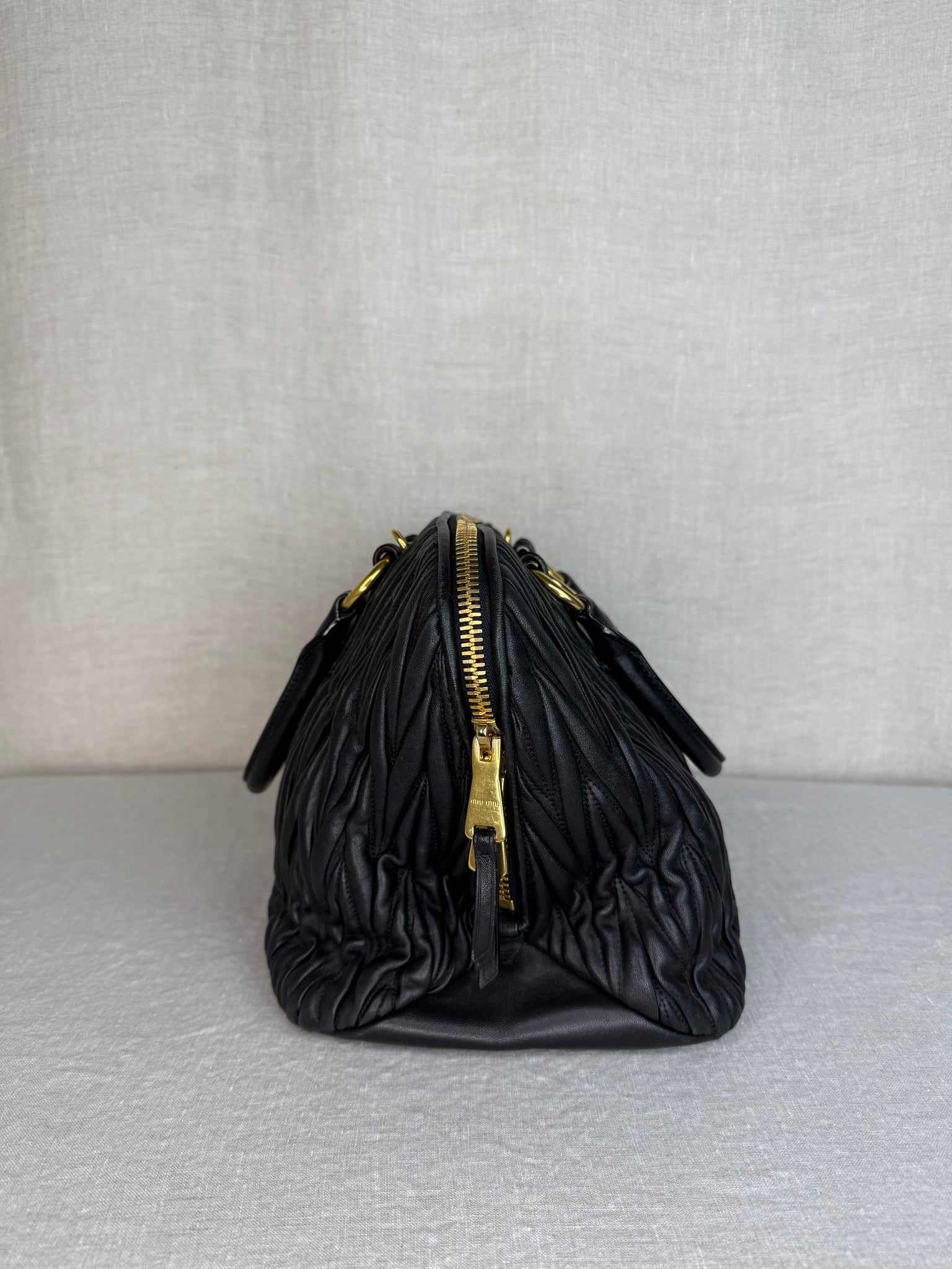 Miu Miu Matelassé Bauletto Medium Top Handle Bag in Lambskin Leather with Gold Hardware